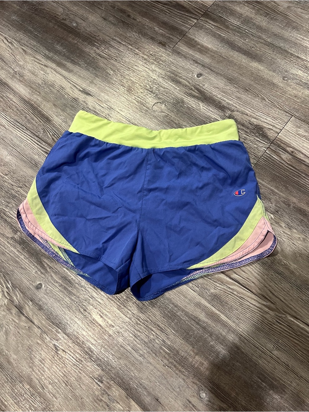Champion Blue Athletic Shorts with Lime Waistband and Pink Trim